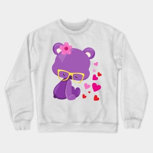 Valentine's Day Bear, Purple Bear, Glasses, Hearts Crewneck Sweatshirt